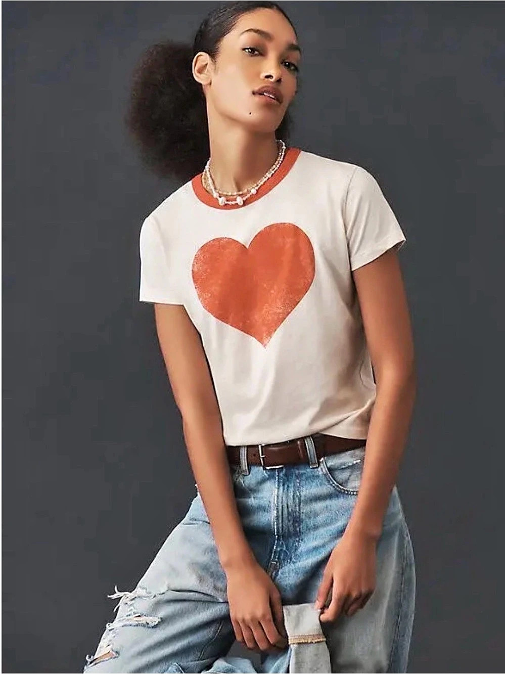Anthropologie LetLuv Ringer Tee Heart Graphic Tee White & Red Size XS